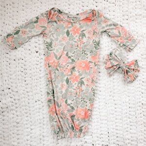Floral Baby Gown with Matching Bow - Pink & Sage